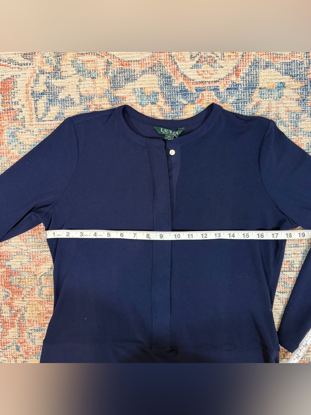 Lauren Ralph Lauren Navy Tunic Top PM Petite Medium Split Neck Long Sleeve Fall - Picture 9 of 12